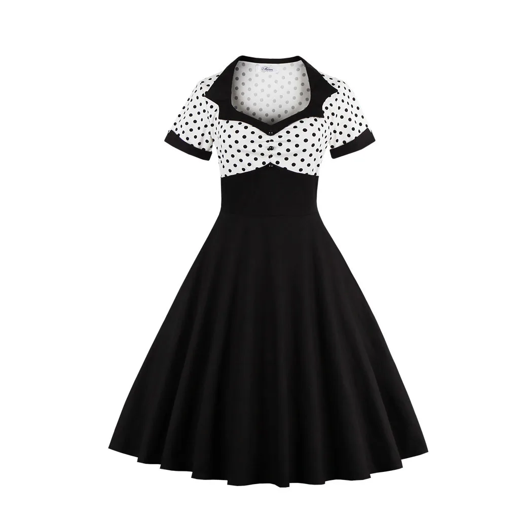 Elegant Dot Vintage Summer Women Short Sleeve High Waist Midi Party Dress Casual Rockabilly Vestidos Robe Femme