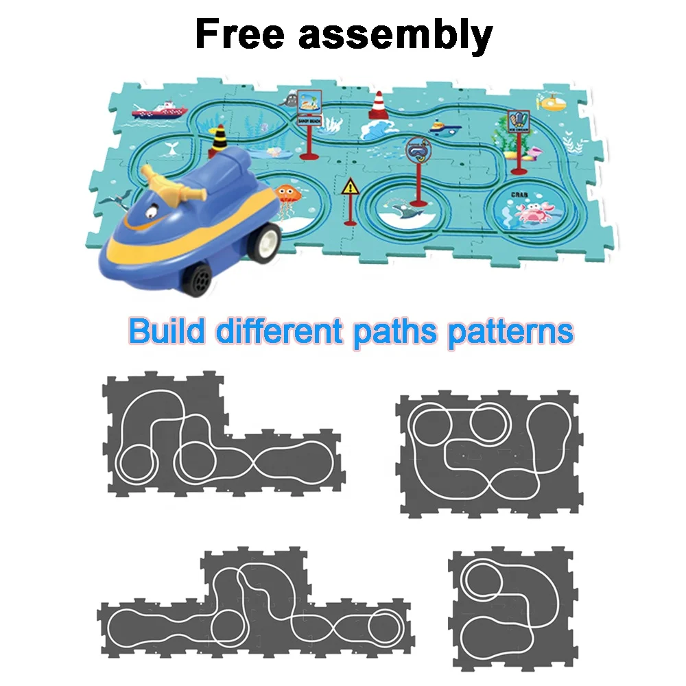 DIY assembling puzzle track car play set kids educational track jigsaw railway building puzzle board kits with electric vehicles