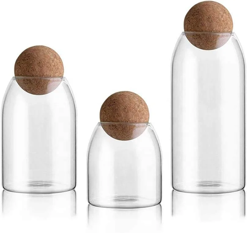 16oz 25oz 30oz Glass Food Storage Canister with Ball Cork Lid High Quality Food Storage Glass Jar With Wooden Lid