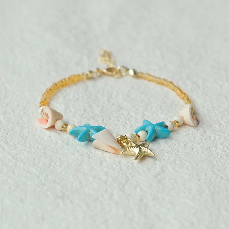 Summer Beach Bohemian Jewelry Starfish Shell Gravel Beaded Bracelet for Travel Souvenir Gifts