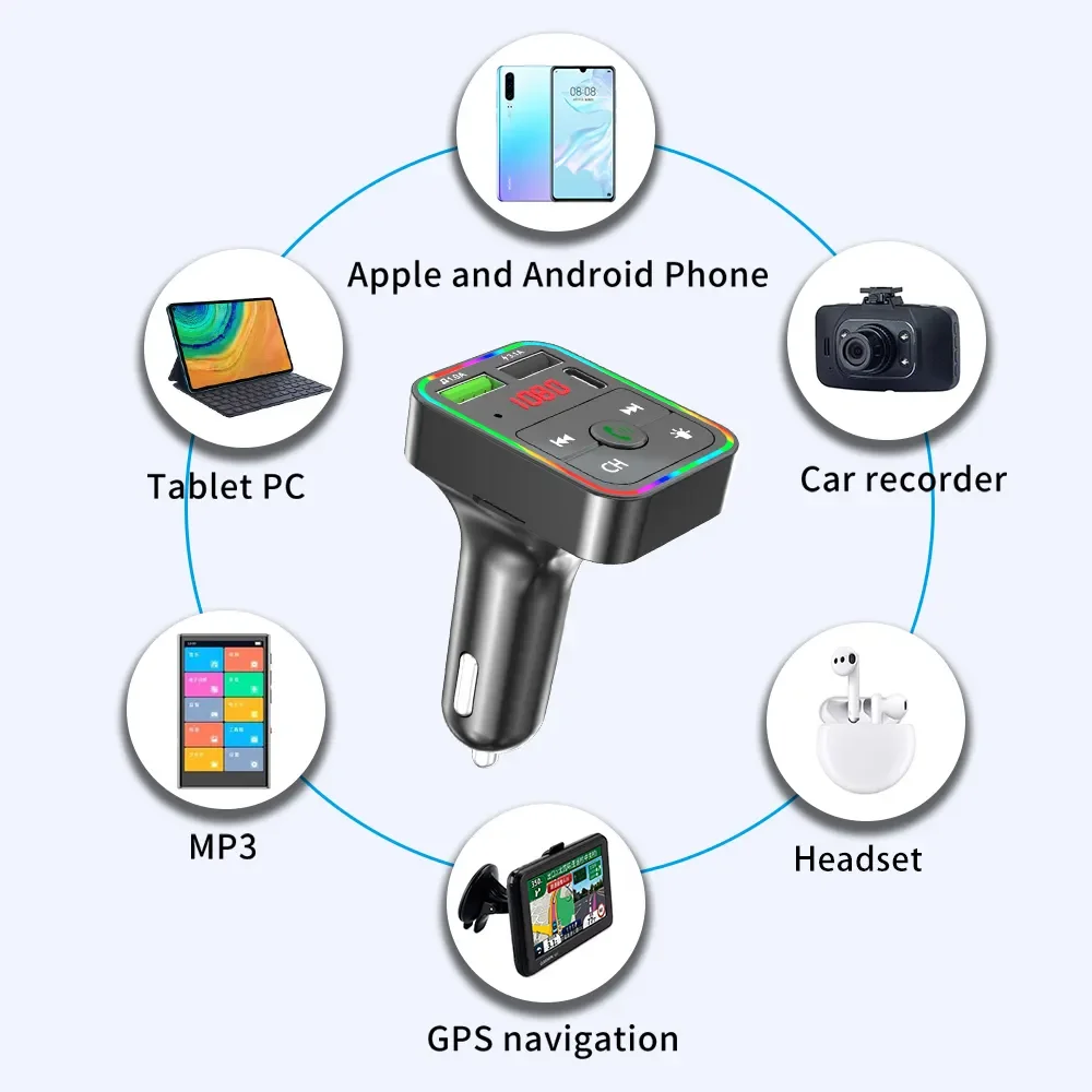 Wholesale F2 car MP3 player car wireless Bluetooth hands-free fairy tale FM transmitter LED display rainbow light PD car charger