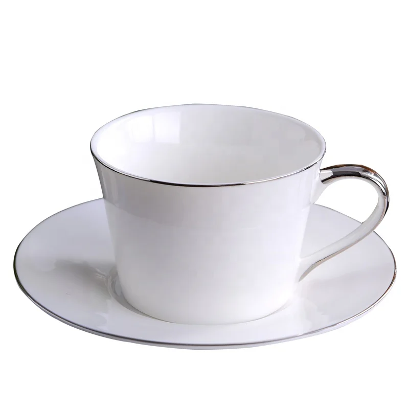 Ceramic silver rim coffee cup with dish porcelain tea cup saucer set 200ml with custom logo