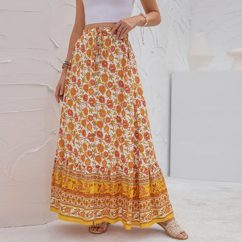 Women Summer High Waist Button Up Skirt Casual Long Maxi Skirts Asymmetrical Skirt