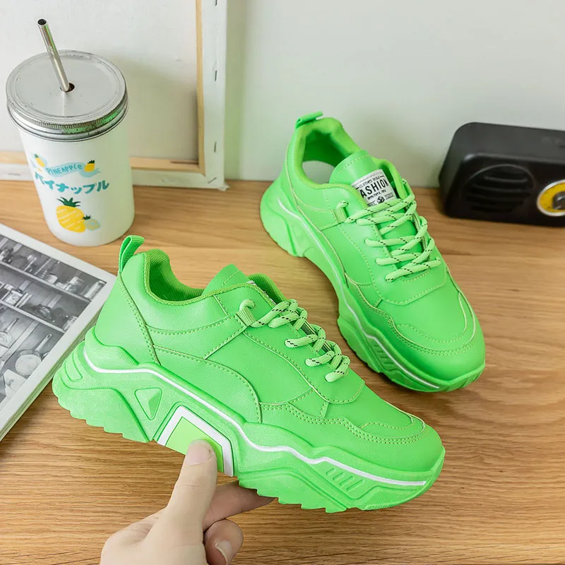 2019 Stylish thick-soled comfortable lace up breathable women green casual sneakers shoes