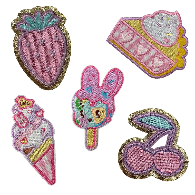 Custom Logo Glitter Cartoon Bear Embroidery Patches Sequin Heart Stick On Chenille Patches For Jeans