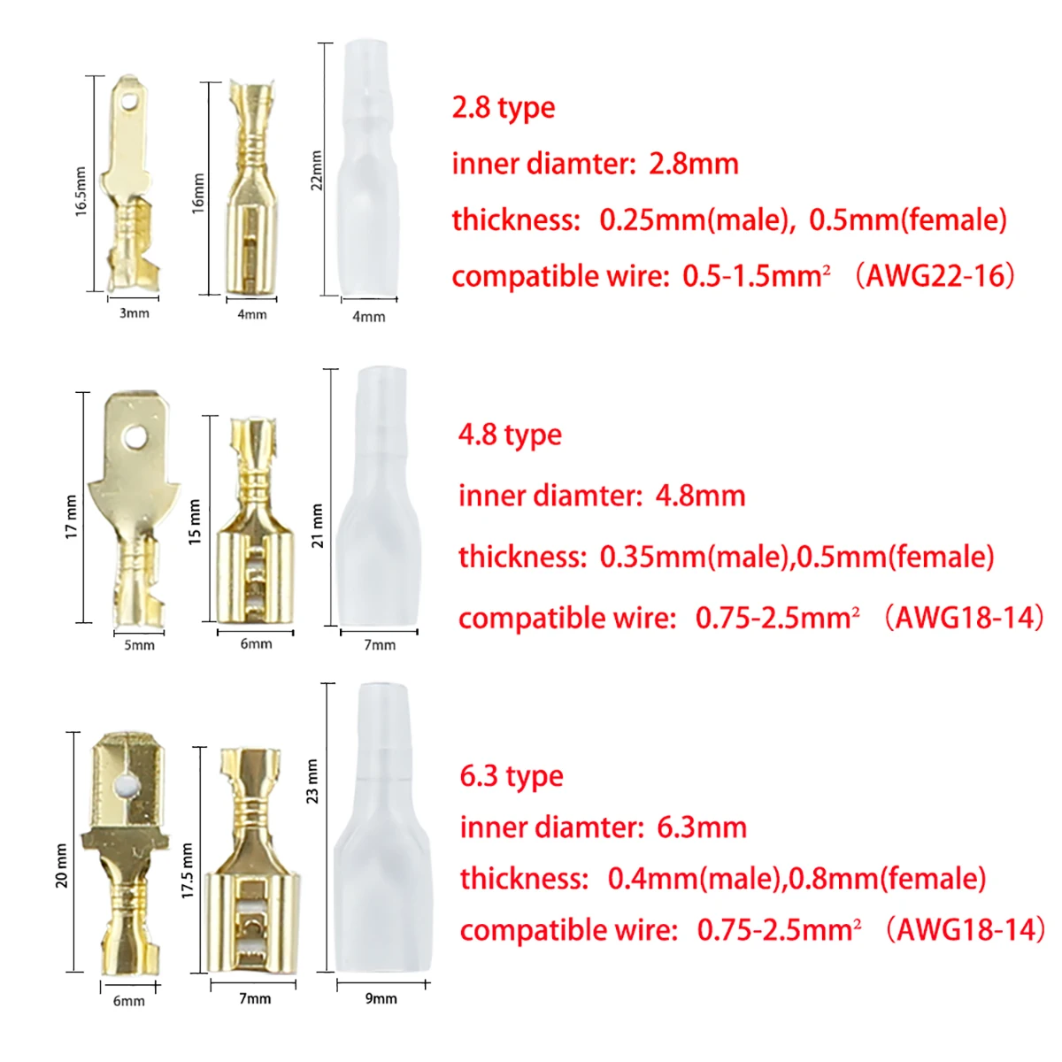 Plug spring connector spade type quick crimp terminals 900PCS boxed male female 2.8mm4.8mm6.3mm with insulation sheath