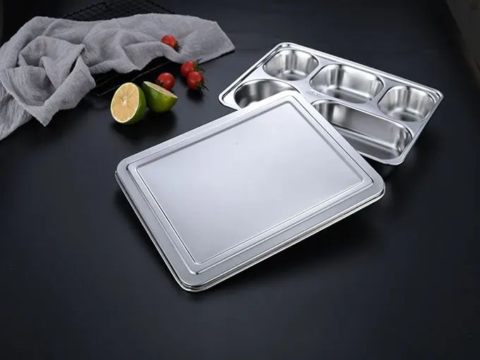 Food Tray Canteen Fast Steel Metal Thali Plate Set Serving With Lid Hospital Stainless Plates Lunch Rectangular Kitchen