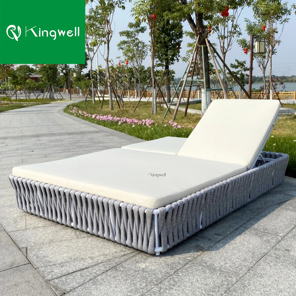 Modern design garden furniture aluminum deck chair hotel patio outdoor rope weaving double sun lounger with wholesale price