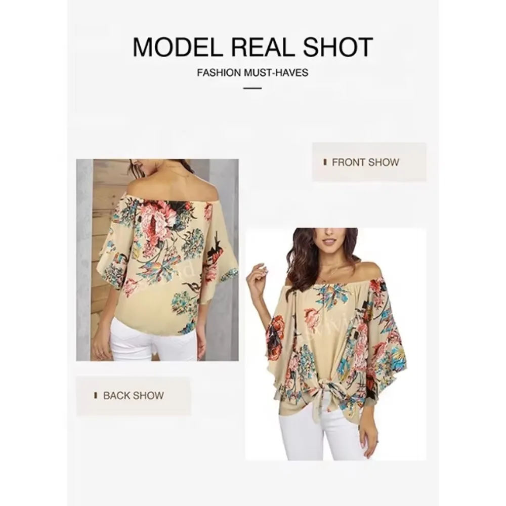 Women Chiffon Blouses Strapless Top Bell Sleeve Tunic Tie Front Blouse Off Shoulder Tops Summer Clothes Floral Shirt