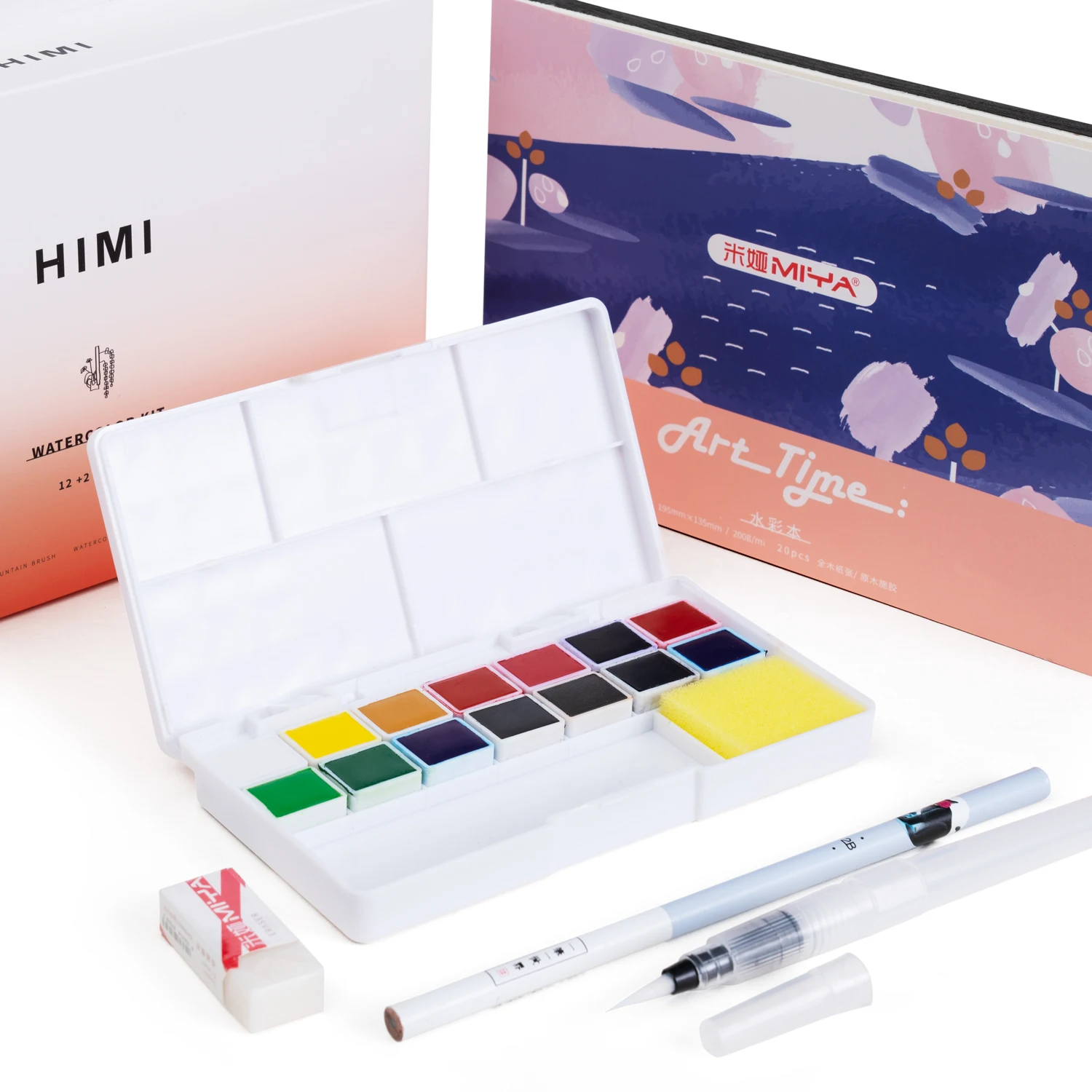 HIMI 14 COLORS Watercolor KIT with Paper Brush Eraser  Watercolor KIT