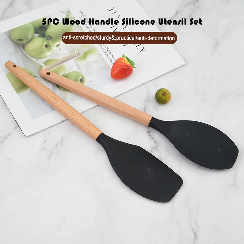 Hot Sale Cooking Tools 5pcs Silicone Kitchen Accessories Wooden Kitchen ware with Natural Acacia Hard Wood Handle