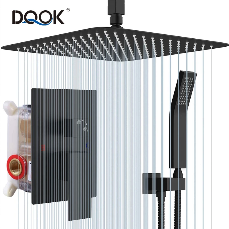 DQOK Best Sale 2 Functions Square Rainfall Ceiling Shower Matte Black Bathroom Concealed Shower Set