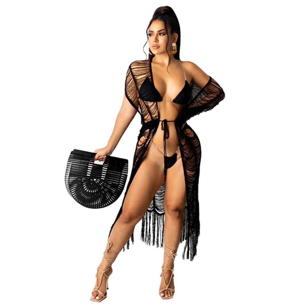 
TR-1158 Summer Women Lace Crochet Solid Color Transparent Casual Beach Cover Long Cardigan Cape Outerwear Top 