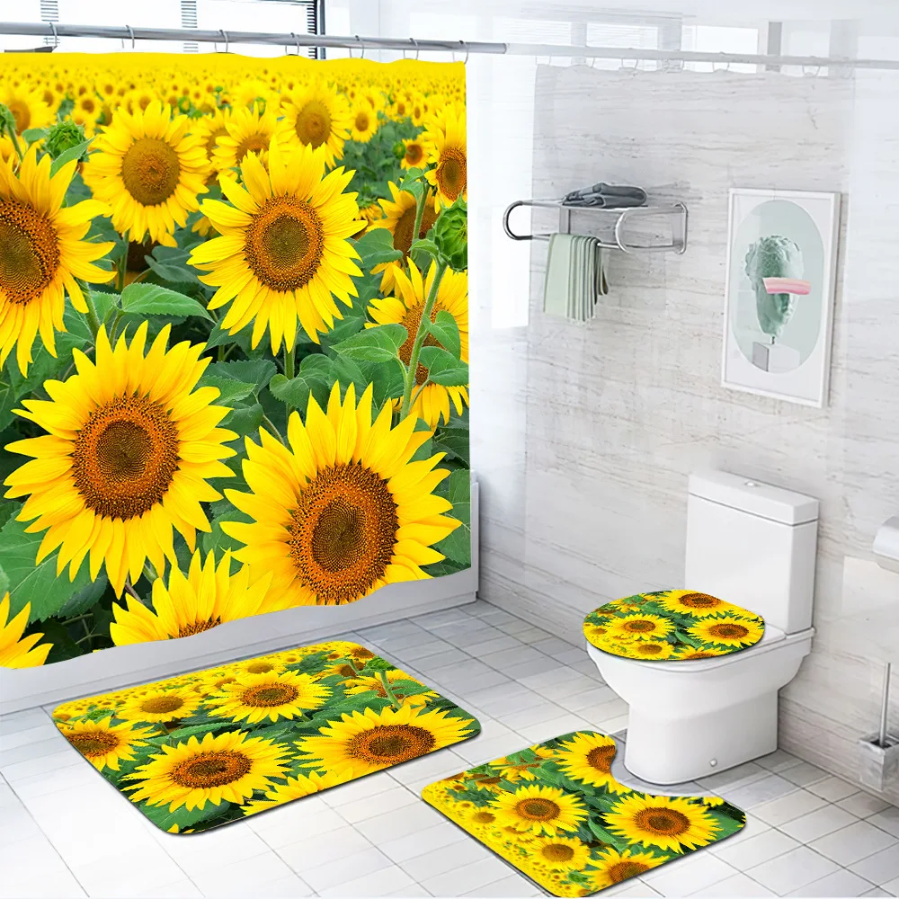 Wholesale  4pcs Luxury Sunflower Waterproof Shower Curtain and Rug Curtains Sets for Bathroom