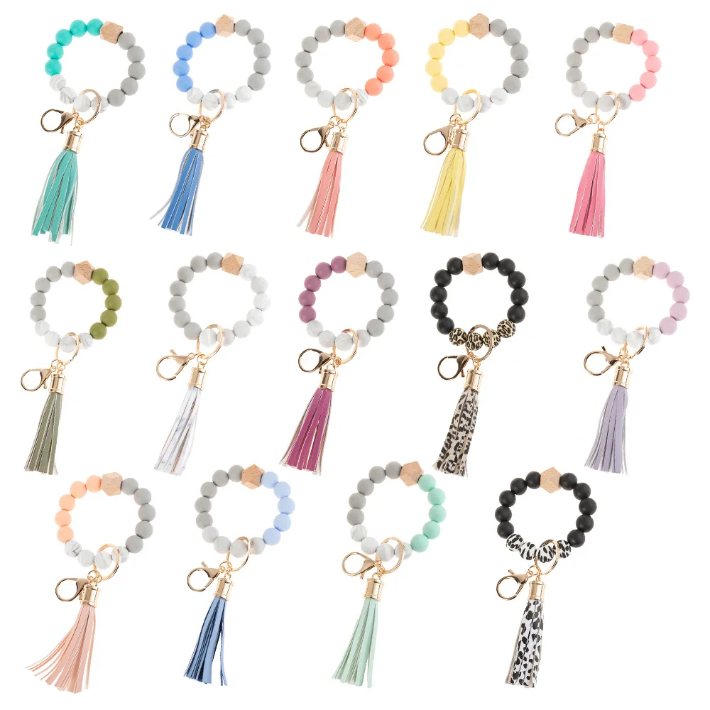 High Quality 2023 Hot Sale Mixed Colorful Food Grade Silicone Bead Bracelet Tassel Keychain with disc