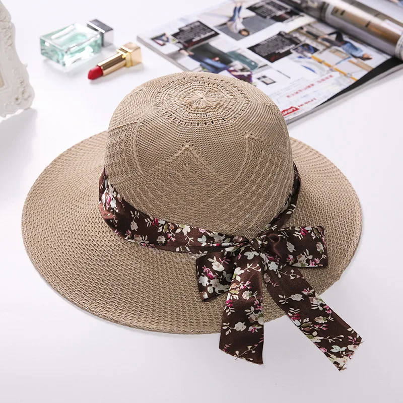 wholesale female summer outdoor sun hat raffia straw hat large brim summer straw hat for women with ribbon
