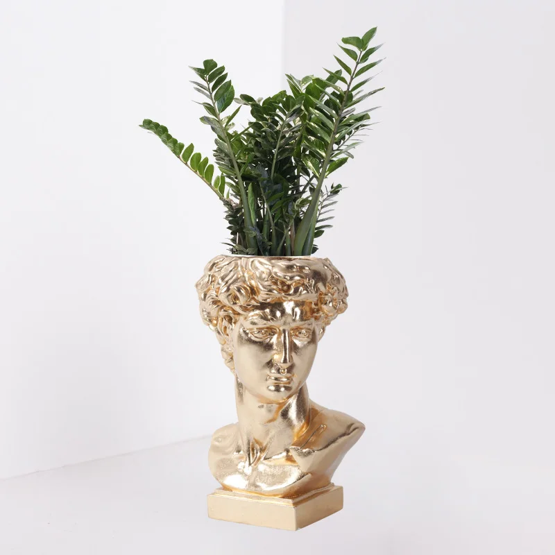 Customized Home Decor Wholesale Face Planter Black Gold Bronze Fiber Clay David Head Plant Pot