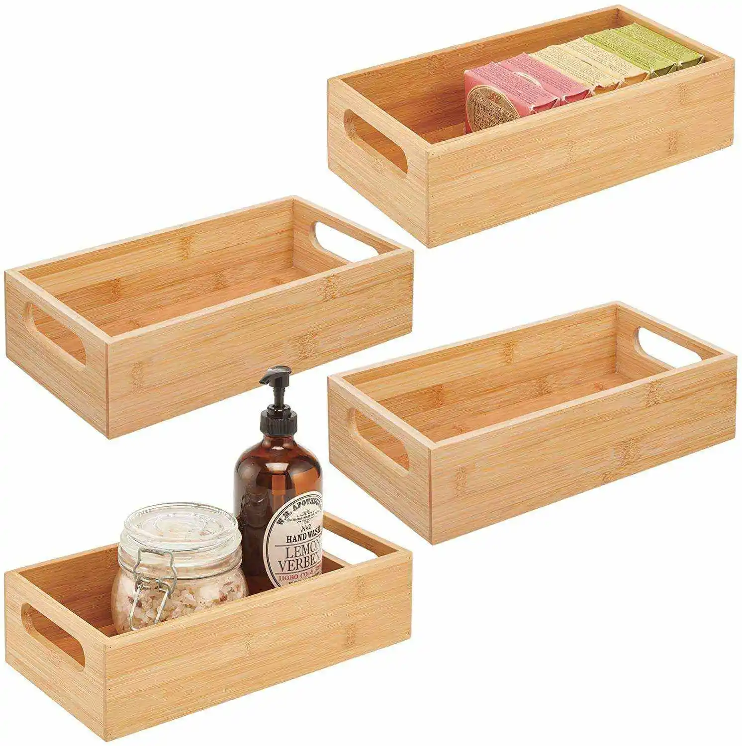 wooden tray handle toilet paper holder Wooden cosmetic 4 pieces Bathroom Serving Tray Wooden Bamboo Storage Tray With Handle