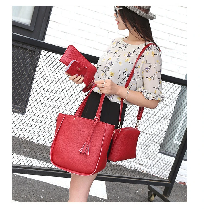 Best-selling Trend Lychee Cross Messenger Mother Bag 4-piece Set Handbags for Women Fashion Bag Package PU Single Square Nylon