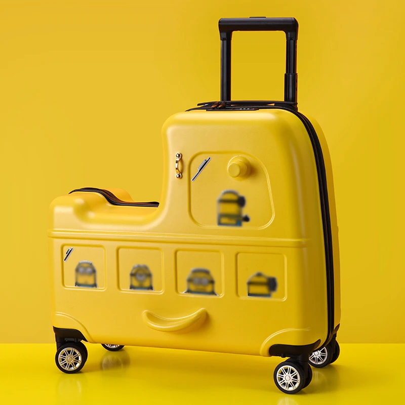 Spot new riding trolley box portable yellow travel cases children luggage sets fashion wooden horse hard suitcase with scooter