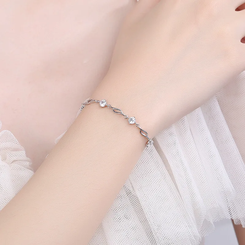 Korea Fine Jewelry S925 Sterling Silver Female Simple Silver Hypoallergenic Zircon Adjustment Bracelet Design Jewelry