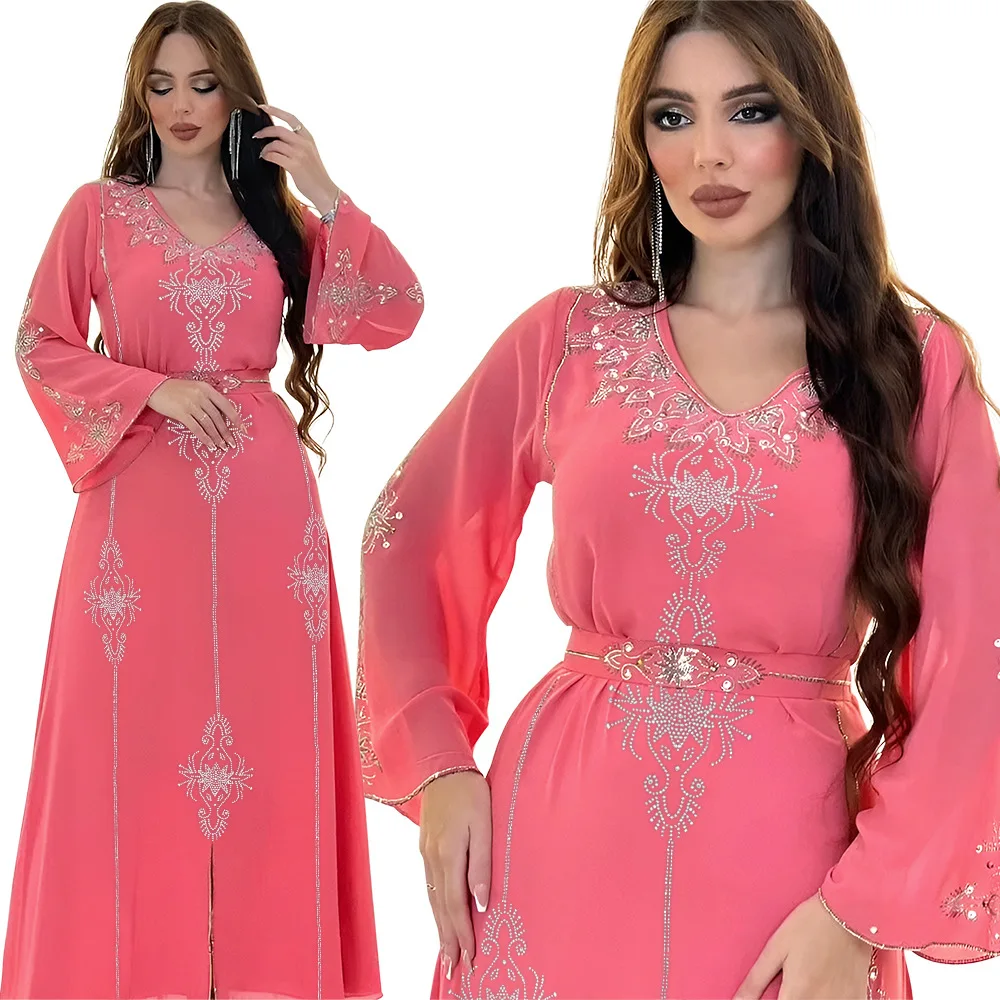 Fashion Collection Drilling Islamic Robe Georgette Moroccan Pink Wedding Dresses With Belt Muslim Eid Comfort Robe manufacturers