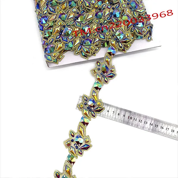 Africa Events Colorful Rhinestone Floral Lace Trim Ribbon Fabric Flower Embroidery Glitter Appliques Trimmings Sewing for Fete