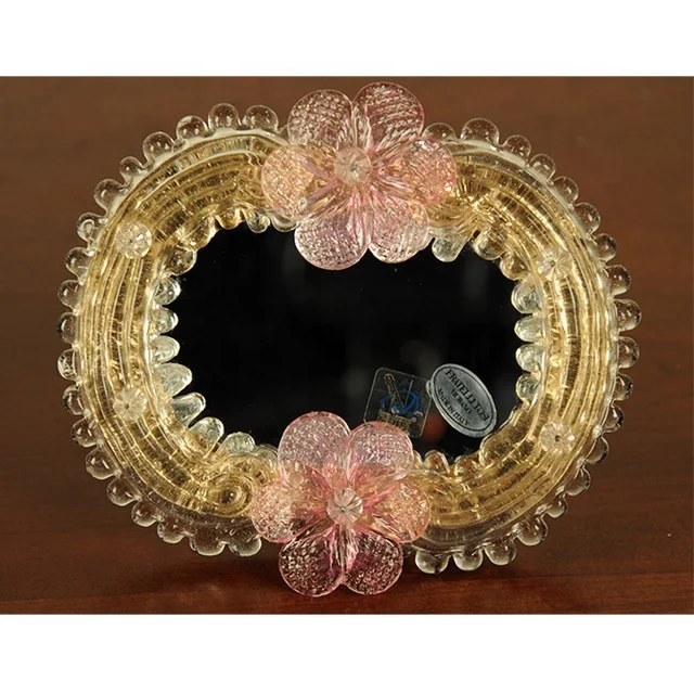 Modern Hot Selling Fancy Murano style small glass handmade Gold Painted Pink Flower Decorative Table mirror Vanity mirror