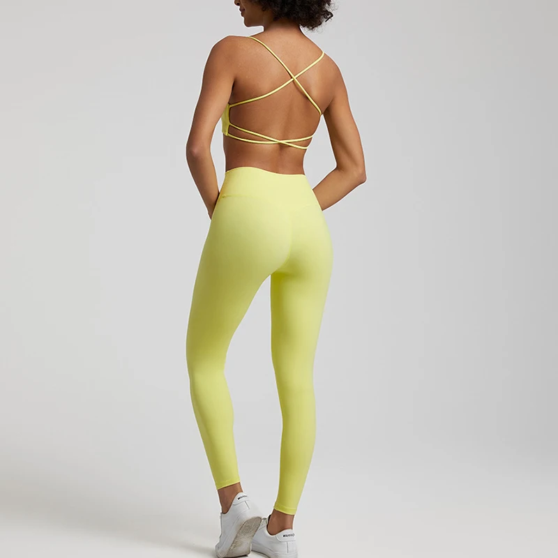 2024 Ins New Custom Logo Cross Strap Sexy Butter Yoga Set Scrunch Butt Leggings And Bra Set Yoga Activewear Gym Fitness Sets