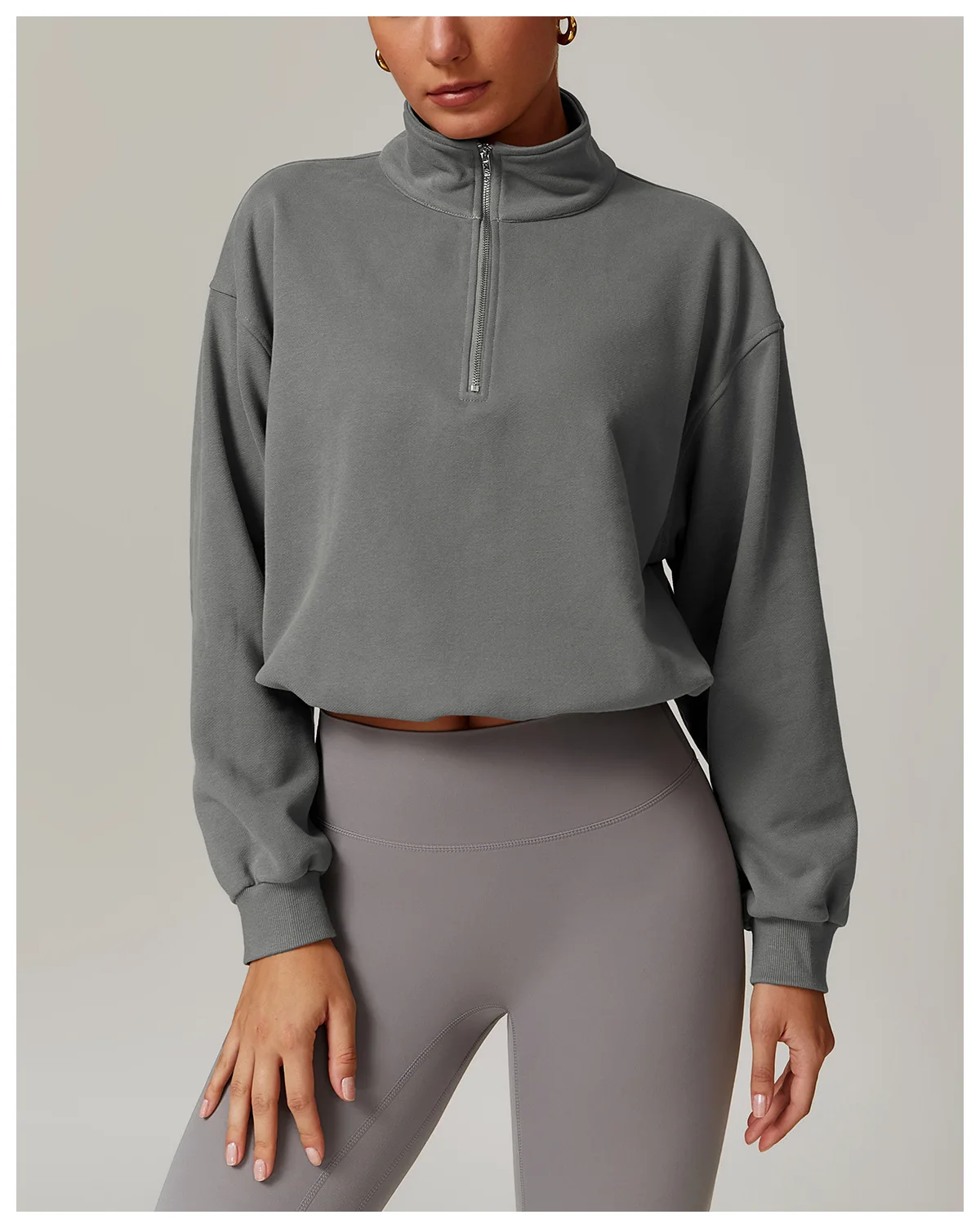 Custom Pullover High Collar Fitness Sports Outdoor Running Pull Rope Zipper Loose Long Sleeve Crop Sweatshirt