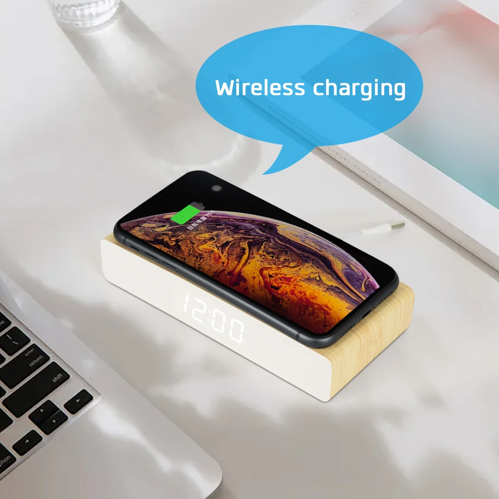 Wooden Wireless Wood Charging Alarm Led Qi Fast Charge Phone Charger Clock
