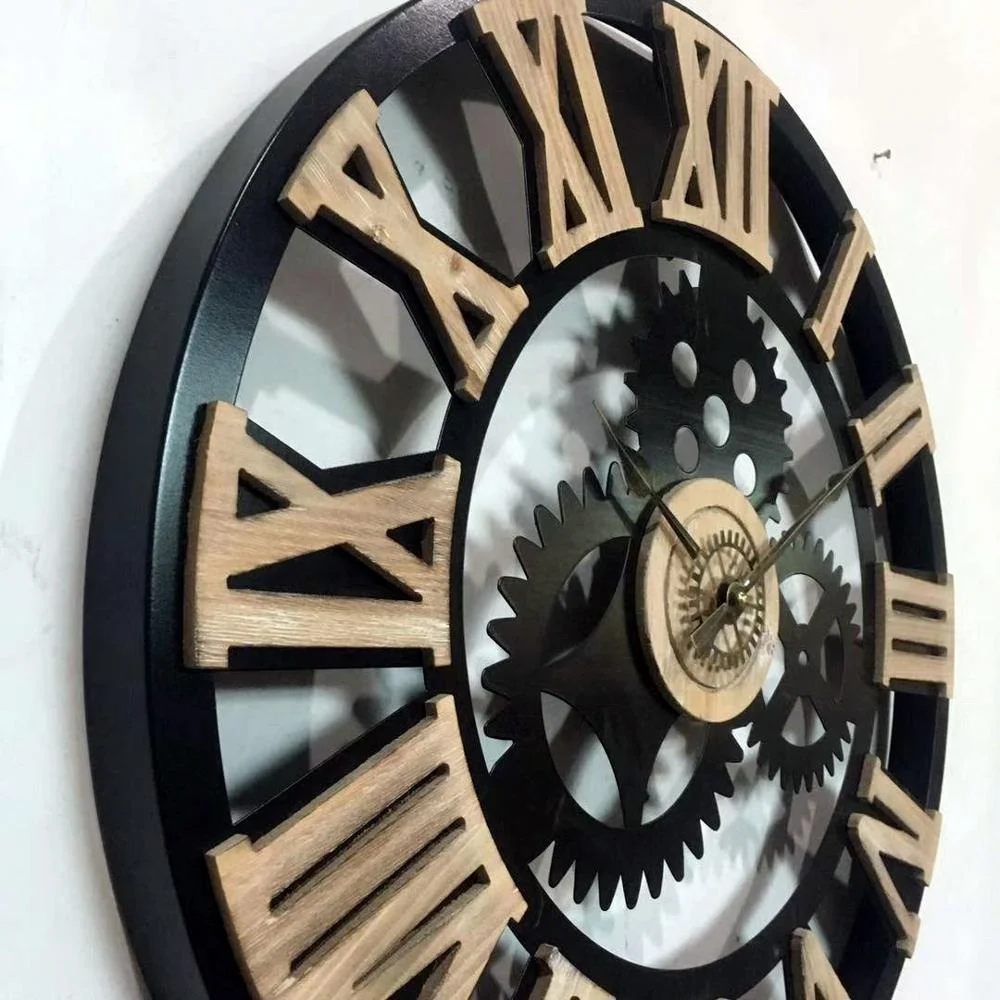 Best Seller Industrial DIY Black Moulded Metal Frame Farmhouse Gear Decorate Wall Clock with 3D Raised Wood Roman Numerals