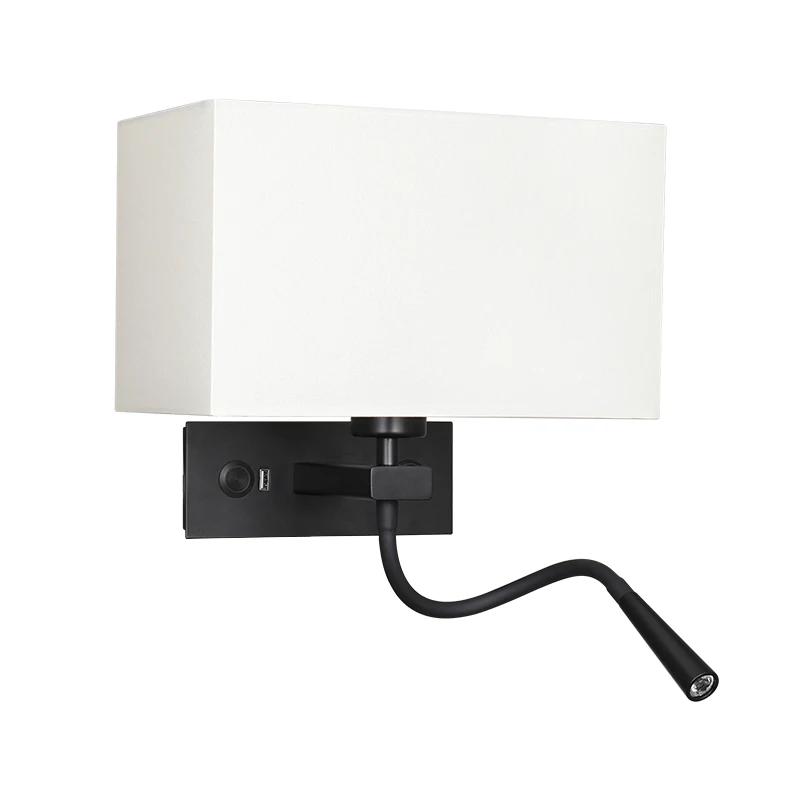 Dimmable Flexible Gooseneck Wall Mount Mounted Bedside Reading LED Light Lamp with USB Port and  double switch Cloth lampshade