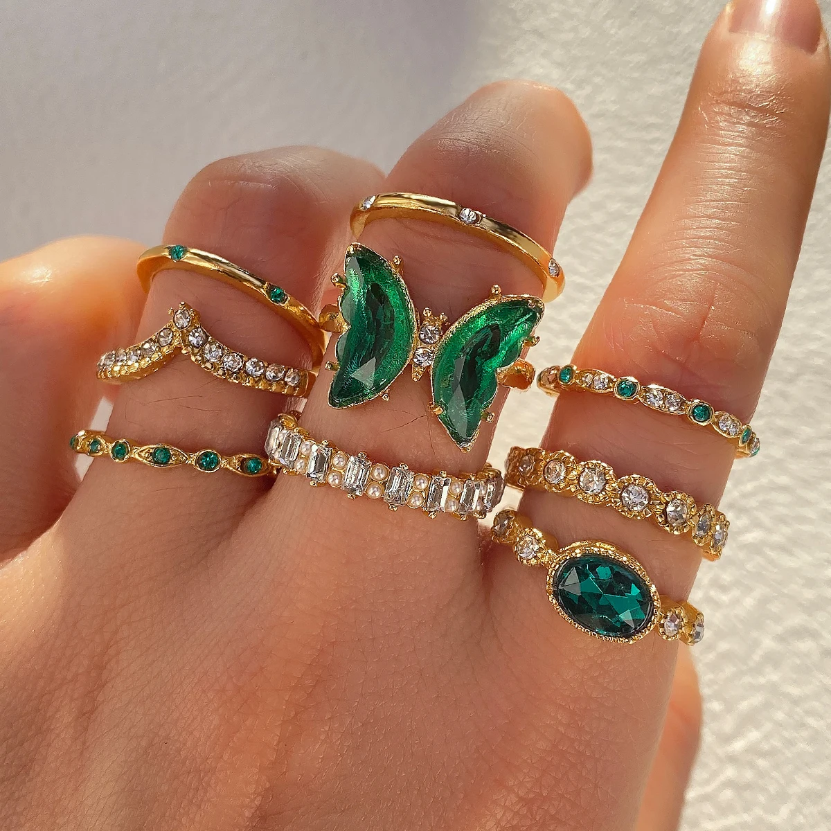 Wholesale New fashion green Stone butterfly snake Gold ring set for women Jewelry Heart Diamond Finger knuckle rings Set