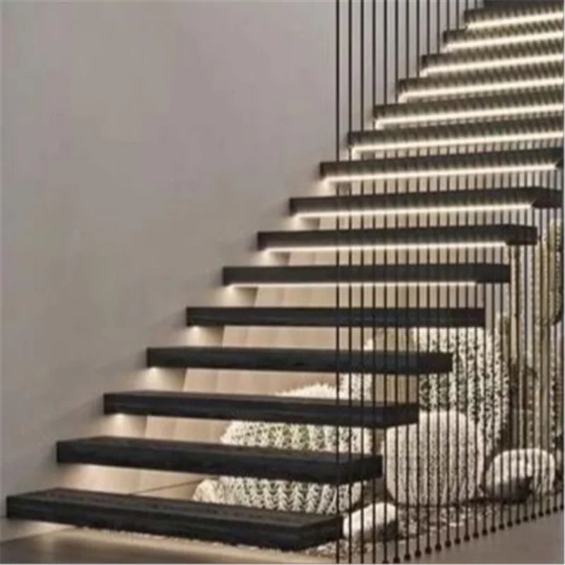 CBMmart American Standard Wood Treads Indoor Stair with Led Lights Glass Railings Floating Stairs