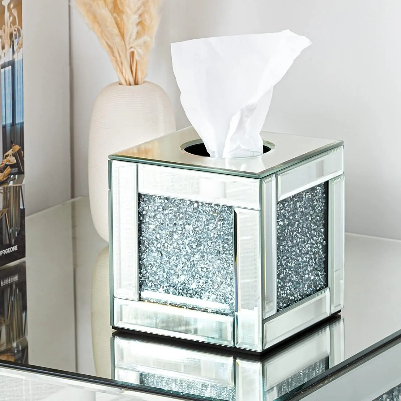 US Warehouse Square Glass Decorative Tissue Box Diamond Mirrored Facial Tissue Holder For Bathroom