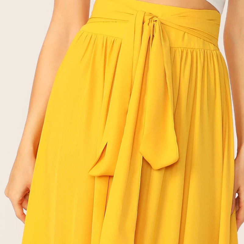 Women Elegant Bow Tie Flared Maxi Skirt Women High Waist Summer Solid Long A-line Skirt Summer Beach Long Skirt HSS6881