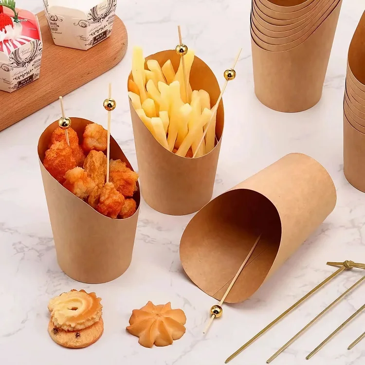 2024 Customization Kraft Paper White Black Egg Puff French Fries Cone Fried Food Bevel Cup