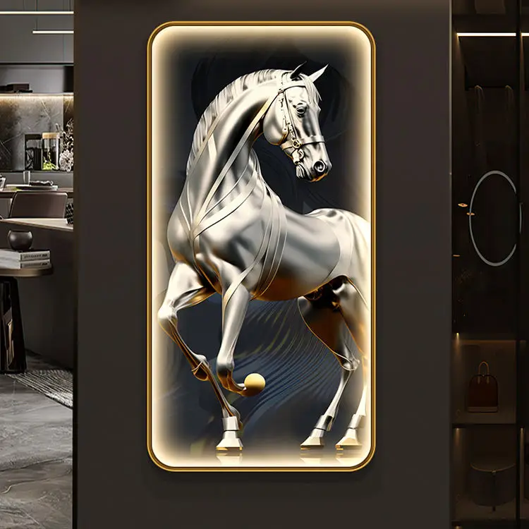 Light luxury round entrance decoration crystal glass LED picture frame horse painting wall frame art