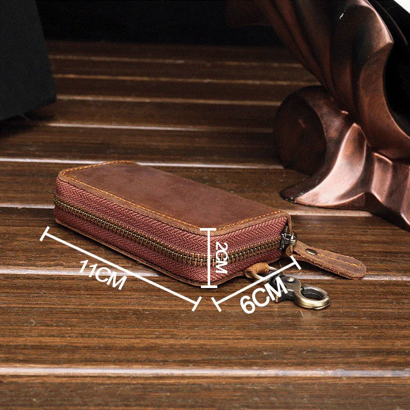 New Design Crazy Horse Leather Car Key Holder Case Key Wallet Coin Purse Keyring Zipper Pouch Waist Hanging Key Bag for Men