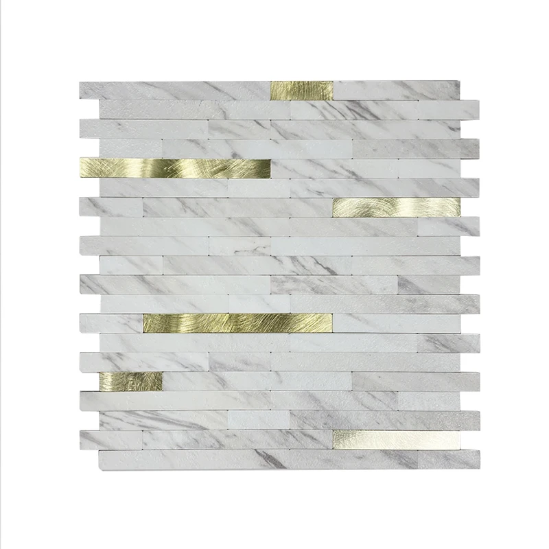 Self-Paste Wall Mosaic  White And Gold Linear Strip Wall Mosaic Pvc Mosaic Tiles