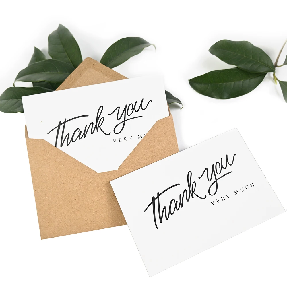 Custom 4x6 Inch Minimalist Design Folded Wedding Blank Thank You Cards Set with Kraft Envelopes and Matching Stickers