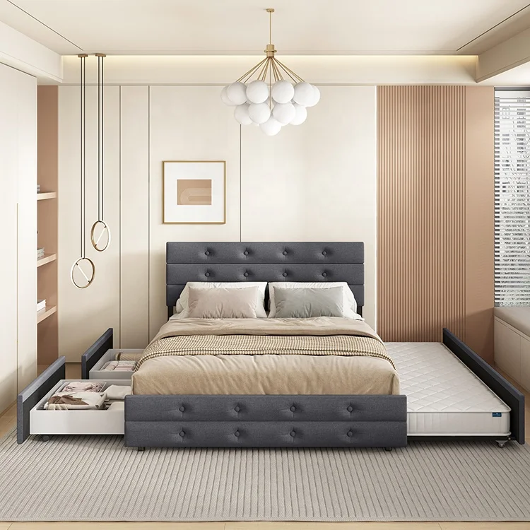 Willsoon Modern Simple Design Wing Back Double Bed Frame Platform Style Velvet Fabric Button Wood Leather Upholstery