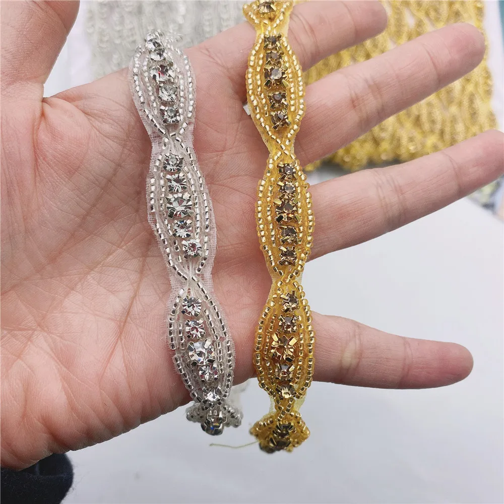 Pearl Crystal Motif Strass Hot Fix Rhinestone Tape Ribbon With Rhinestones  applique trim for wedding dress