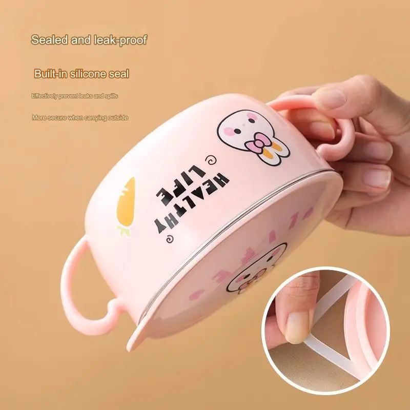 New Design  480ml/680ml Color Print Double Layer Unbreakable Stainless Steel Bowl Cartoon Eco-Friendly Metal Bowl Set