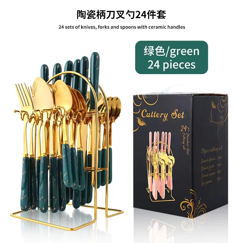 2022 Ceramic Handle Stainless Steel Cutlery Sets Service For 6 Person Knife Spoon Fork flatware sets