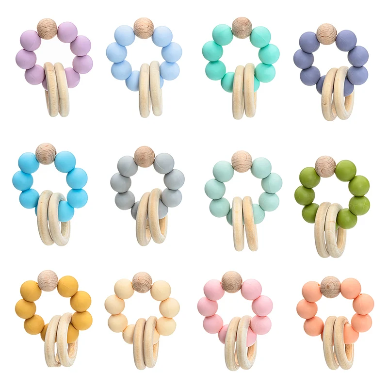 Mumlove Wholesale Wooden Baby Teething Toy Soft Bpa Free Food Grade Wooden Ring Silicone Beads Baby Teether