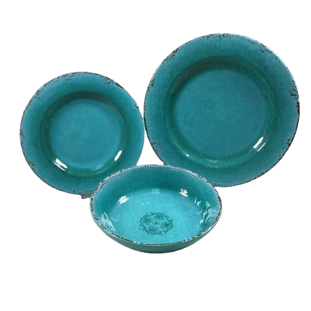 unbreakable custom pattern print  rustic cracked tableware dinner plate bowl set melamine dinnerware set