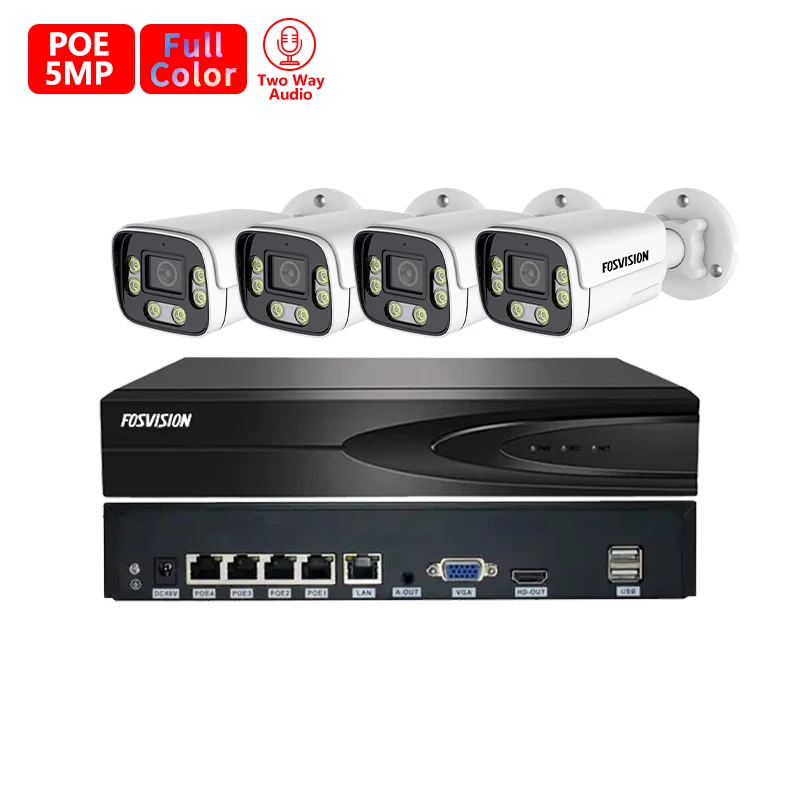 High quality Full Color 5mp 4ch Ip Poe Nvr CCTV Camera System Camera Kit Set Nvr Home Security Cctv System Two Way Audio