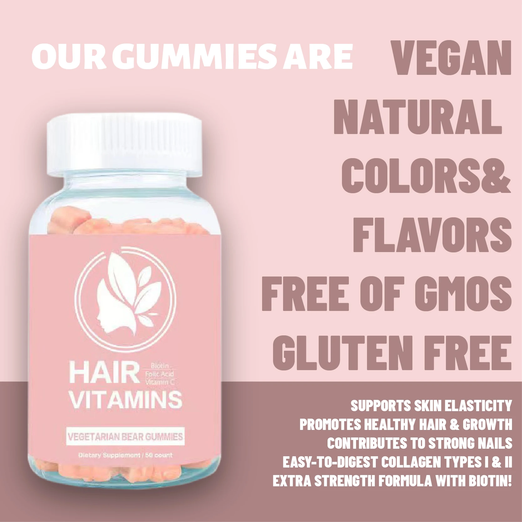 Hair Vitamin Gummies Strawberry Flavored Little Bear Shape Hair Collagen Whitening Candy Supports Hair Growth